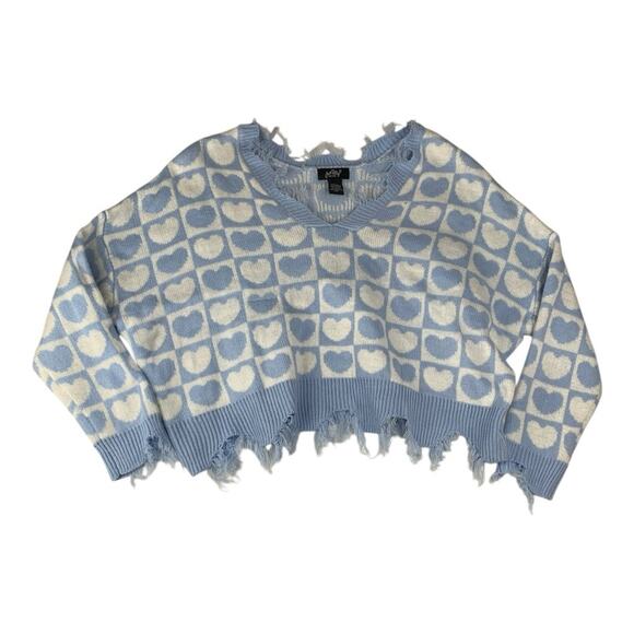 Just Polly women's size XL Blue White heart patchwork checkers Knit Sweater dist - Picture 1 of 8